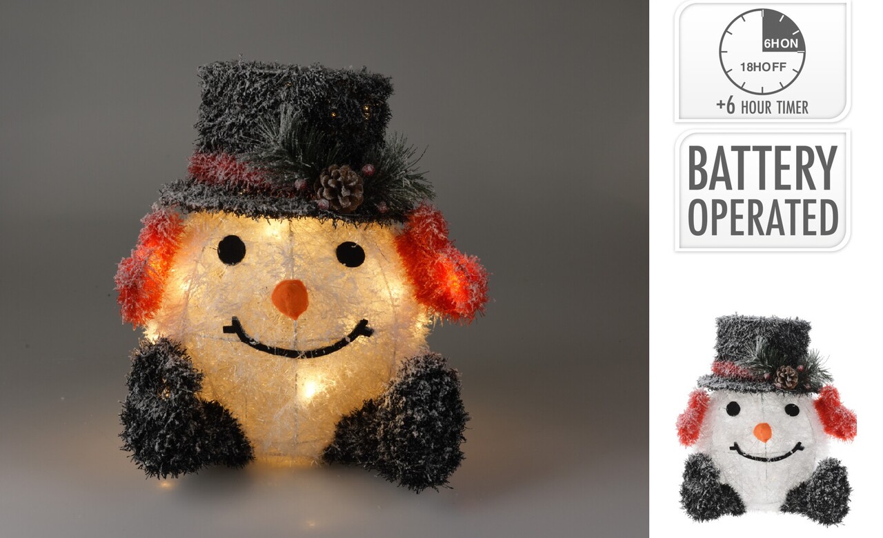 Decoratiune luminoasa cu 20 LED-uri Snowman w black hat v1, cu baterii, 33x30x35 cm, poliester, multicolor - imagine 3